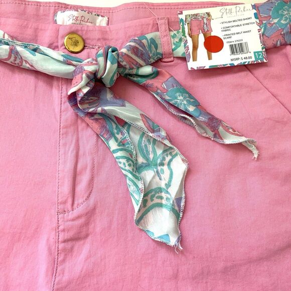 Stella Parker Women's Stylish Belted Short w/ Printed Waist Scarf Pink Size 12 - Picture 7 of 12